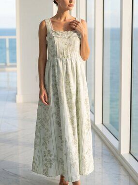 NWT $795 CAROLINE CONSTAS maxi dress with pearl trim linen M